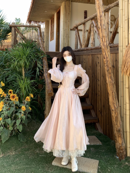Girlish Blush Pink Puffy Tulle Square-neck A-Line Maxi Women Dress Holiday Dress YM2712