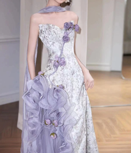 Charming Lavender Pleated 3D Floral Strapless A-Line Long Prom Dress Evening Dress Ball Gown YM2692