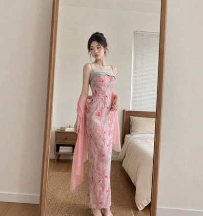 Stunning Pink Floral Chiffon Spaghetti Straps Sheath Maxi Women Dress Holiday Dress YM2737