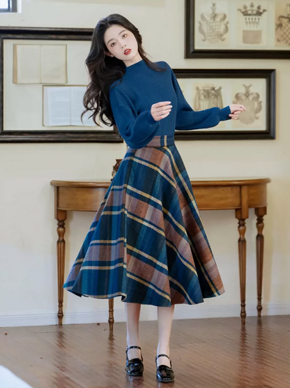 Retro Peacock Blue Patchwork Plaid High Collar A-Line Corset Maxi Women Dress Holiday Dress YM2747