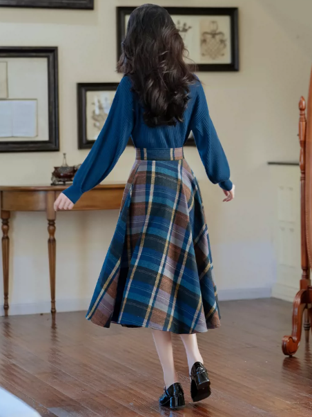 Retro Peacock Blue Patchwork Plaid High Collar A-Line Corset Maxi Women Dress Holiday Dress YM2747