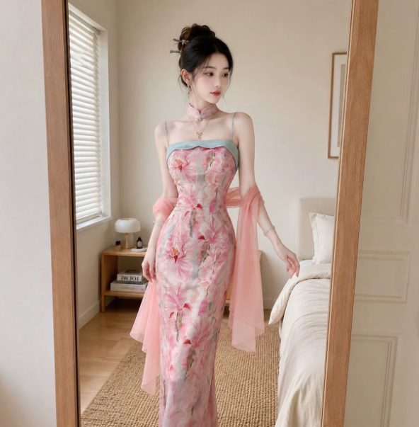 Stunning Pink Floral Chiffon Spaghetti Straps Sheath Maxi Women Dress Holiday Dress YM2737