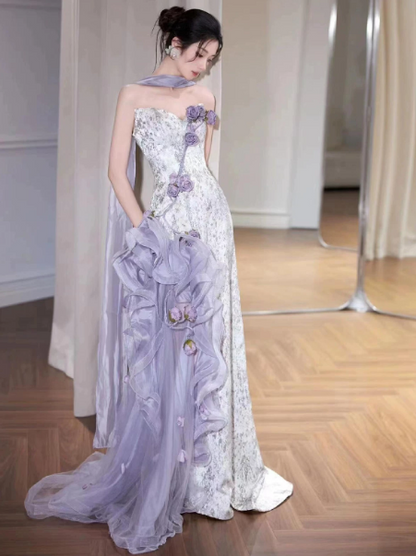 Charming Lavender Pleated 3D Floral Strapless A-Line Long Prom Dress Evening Dress Ball Gown YM2692