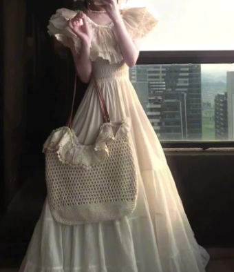 French Retro Ivory Tulle Flowy Bateau A-Line Maxi Women Dress Birthday Dress YM2722