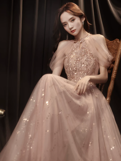 Sparkly Blush Pink Tulle Sequins High Collar A-Line Maxi Prom Dress Birthday Dress Ball Gown YM2702