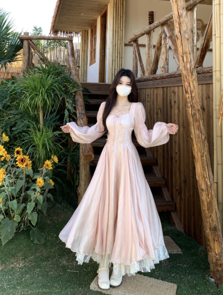 Girlish Blush Pink Puffy Tulle Square-neck A-Line Maxi Women Dress Holiday Dress YM2712