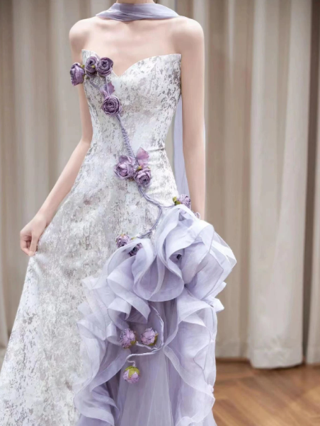 Charming Lavender Pleated 3D Floral Strapless A-Line Long Prom Dress Evening Dress Ball Gown YM2692