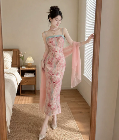Stunning Pink Floral Chiffon Spaghetti Straps Sheath Maxi Women Dress Holiday Dress YM2737