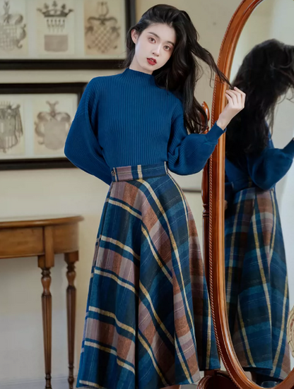 Retro Peacock Blue Patchwork Plaid High Collar A-Line Corset Maxi Women Dress Holiday Dress YM2747