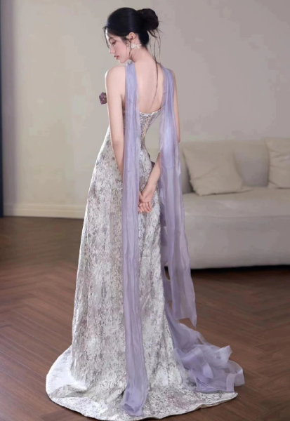 Charming Lavender Pleated 3D Floral Strapless A-Line Long Prom Dress Evening Dress Ball Gown YM2692