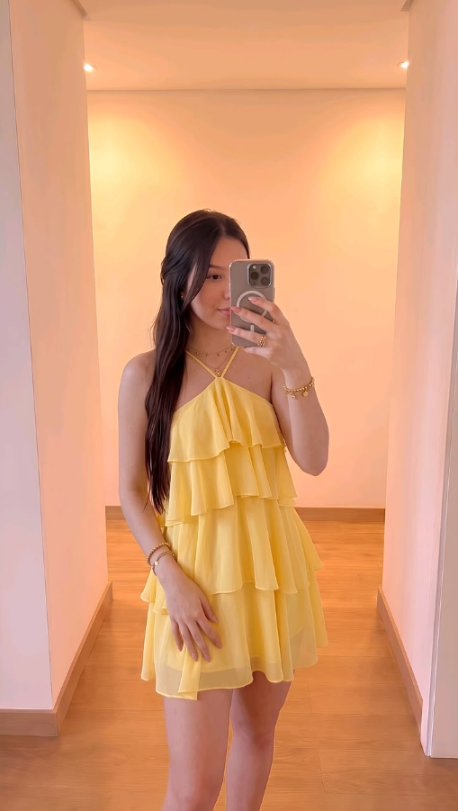 Resort Ruffled Yellow Chiffon Halter A-Line Short Prom Dress Cocktail Dress YM2529