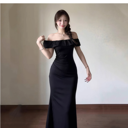 Elegant Off The Shoulder Black Mermaid Long Birthday Dress Vacation Dress YM2244