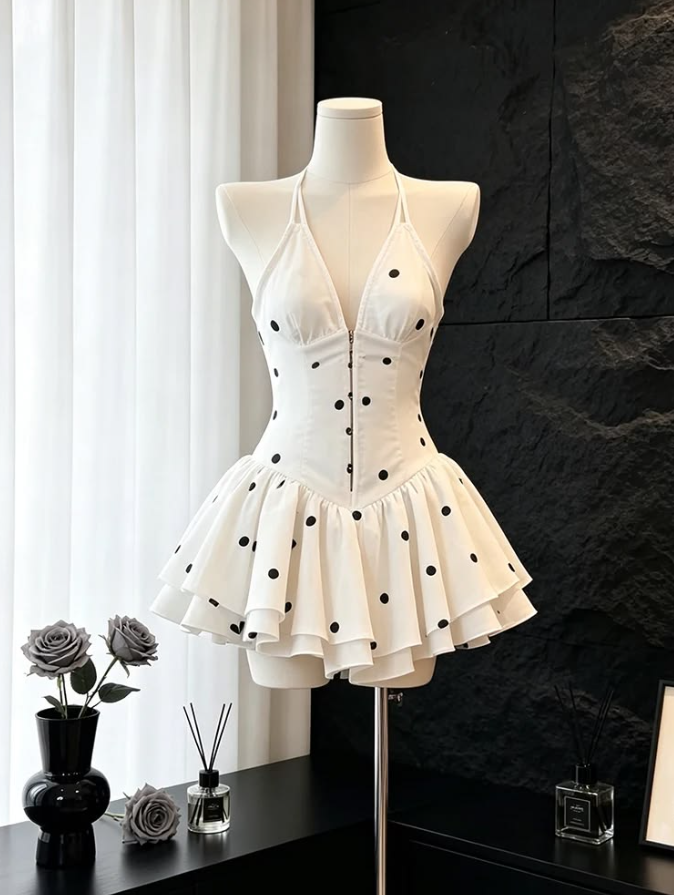 Cute White Polka Dots Chiffon Spaghetti Straps A-Line Short Prom Dress Party Dress YM2568