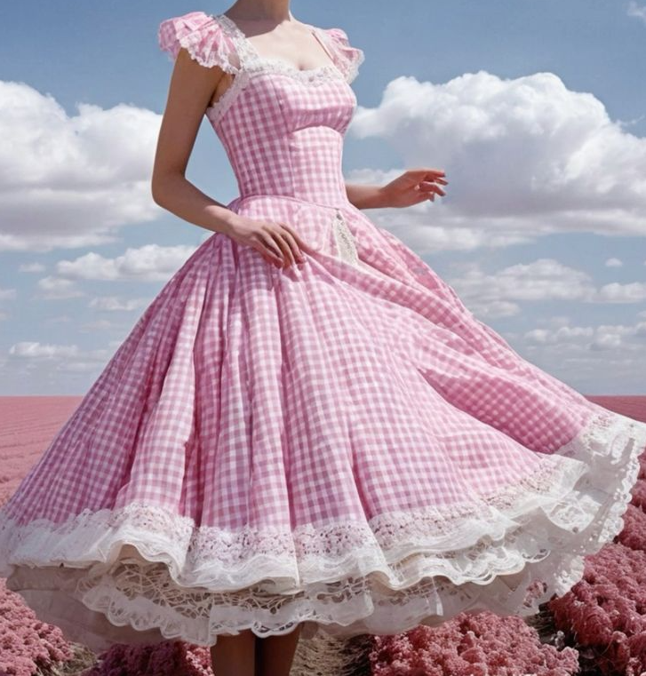 Girlish Barbie Pink Plaid Lace Trim Puffy Square A-Line Long Prom Dress Birthday Dress Ball Gown YM2659