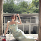 Romantic style green smudged flower ribbon suspender dress YM1158