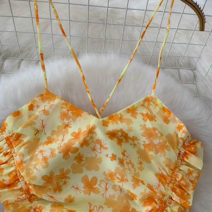 Summer beach resort style yellow floral dress YM1022