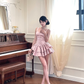 Pink Spaghetti Strasp Satin Layered Birthday Outfits Short Prom Dress YM1983