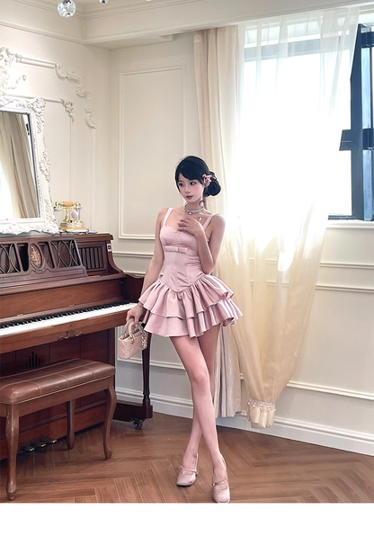 Pink Spaghetti Strasp Satin Layered Birthday Outfits Short Prom Dress YM1983