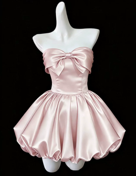 Sparkly Pink Bow Strapless A-Line Short Prom Dress Party Dress YM2570