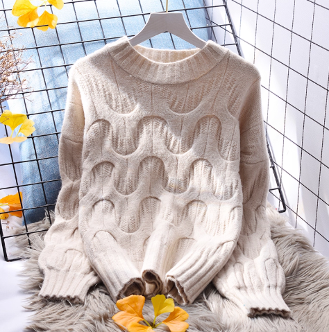 Purple Cable Knitted Round Neck Pullover Thickened Sweater YM2374