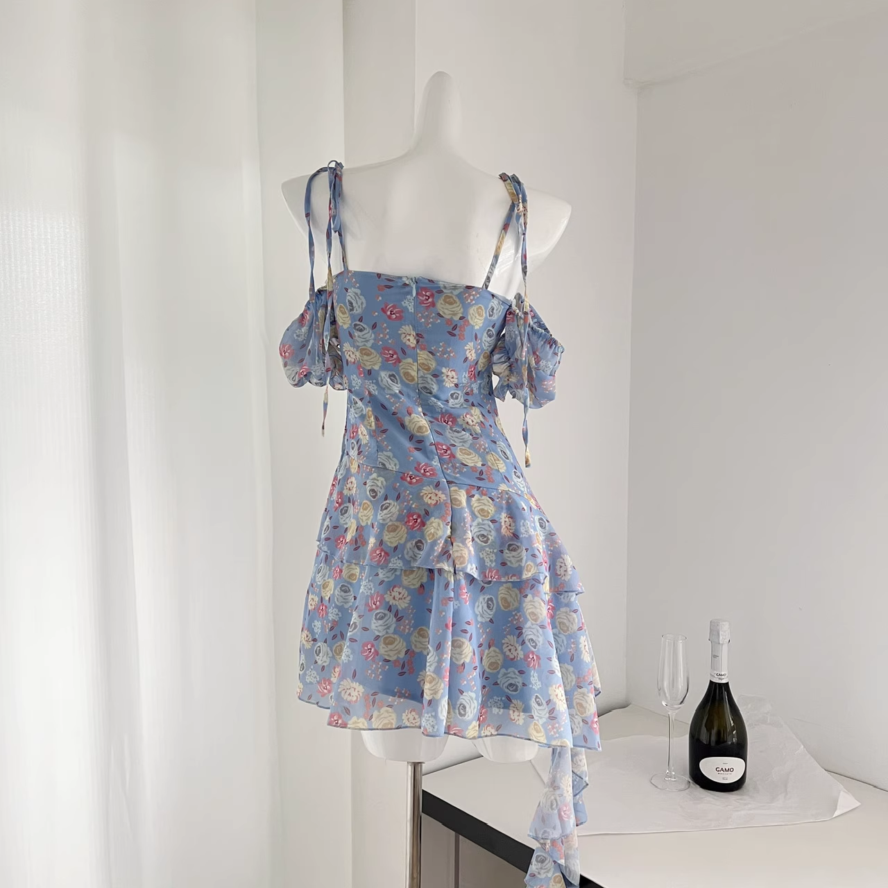 Chiffon Floral Dress New Style Seaside Holiday Irregular Dress Blue Mini Party Dress YM1791