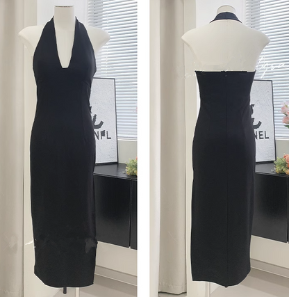 Backless Black Deep V Halter Neck Mini Dress Sexy Birthday Dress YM1722