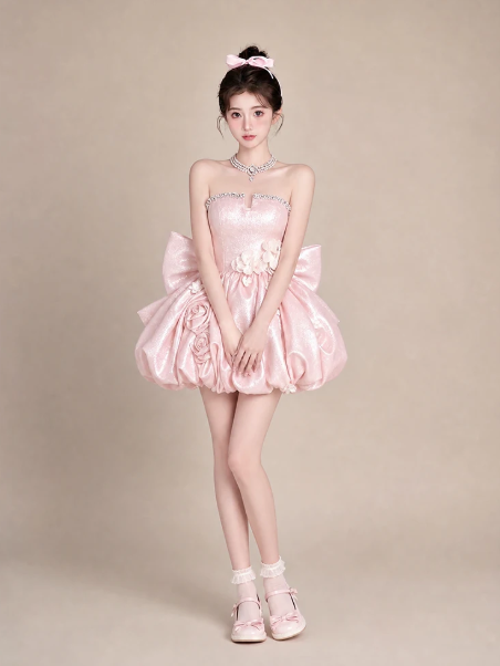Sparkly Pink Puffy Beaded Strapless A-Line Short Prom Dress Party Dress YM2572