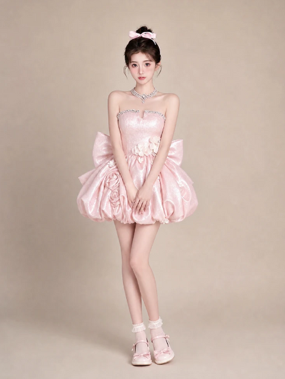 Sparkly Pink Puffy Beaded Strapless A-Line Short Prom Dress Party Dress YM2572