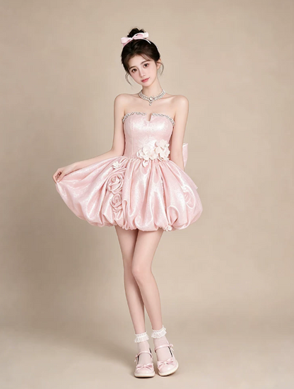 Sparkly Pink Puffy Beaded Strapless A-Line Short Prom Dress Party Dress YM2572