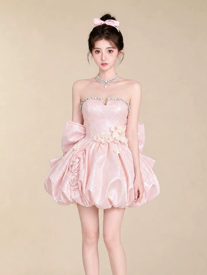 Sparkly Pink Puffy Beaded Strapless A-Line Short Prom Dress Party Dress YM2572
