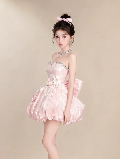 Sparkly Pink Puffy Beaded Strapless A-Line Short Prom Dress Party Dress YM2572
