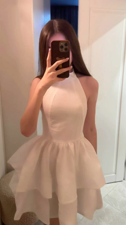 Gentle White Frilled High Collar A-Line Short Prom Dress Birthday Dress YM2524