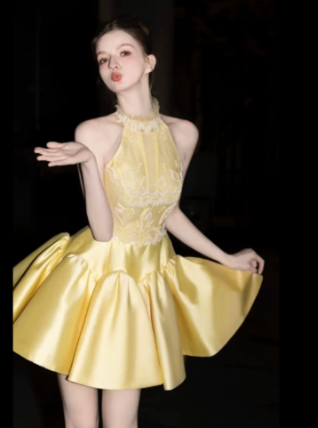 Sparkly Yellow Lace Embroidered High Collar A-Line Short Prom Dress Party Dress YM2573