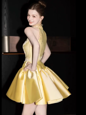 Sparkly Yellow Lace Embroidered High Collar A-Line Short Prom Dress Party Dress YM2573
