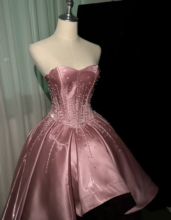 Stunning Pink Silky Beaded Strapless A-Line Hi-Lo Prom Dress Birthday Dress YM2612