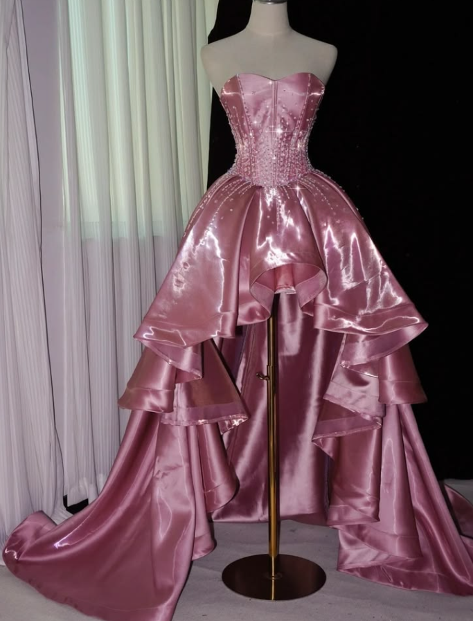 Stunning Pink Silky Beaded Strapless A-Line Hi-Lo Prom Dress Birthday Dress YM2612