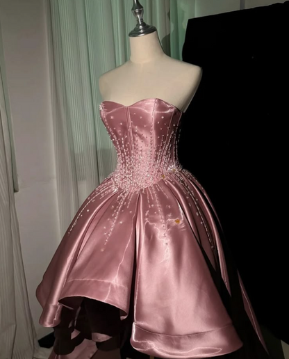 Stunning Pink Silky Beaded Strapless A-Line Hi-Lo Prom Dress Birthday Dress YM2612