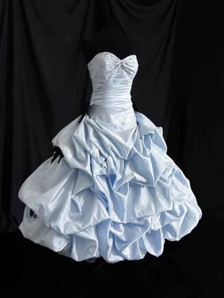 Charming Pale Blue Pleated Bow Sweetheart A-Line Short Prom Dress Birthday Dress YM2574