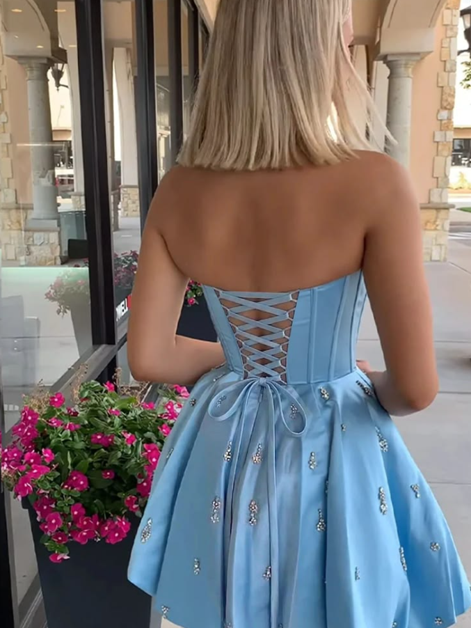 Glitter Baby Blue Beaded Spaghetti Straps A-Line Short Birthday Dress Prom Dress YM2487