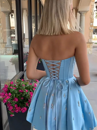 Glitter Baby Blue Beaded Spaghetti Straps A-Line Short Birthday Dress Prom Dress YM2487