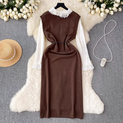 Fashionable lace spliced chiffon  paired with a loose knitted vest dress two-piece casual dress YM566