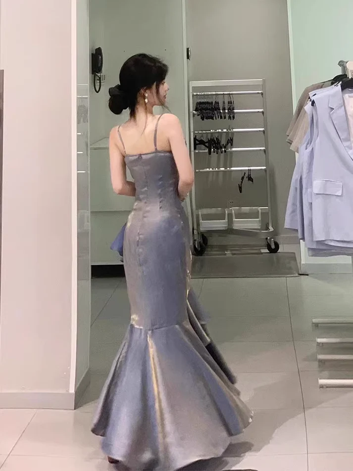 Pretty High Low Gray Blue Long Party Dress Mermaid Birthday Outfits YM1632