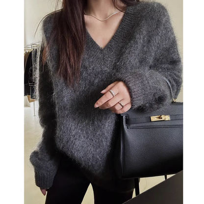 Women's gray V-neck sweater YM1889