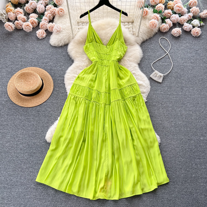 Holiday style pleated V-neck suspender dress for women YM438