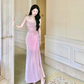 Luxury Suspender Evening Dress Shiny Pink Slit Party Dress YM1700