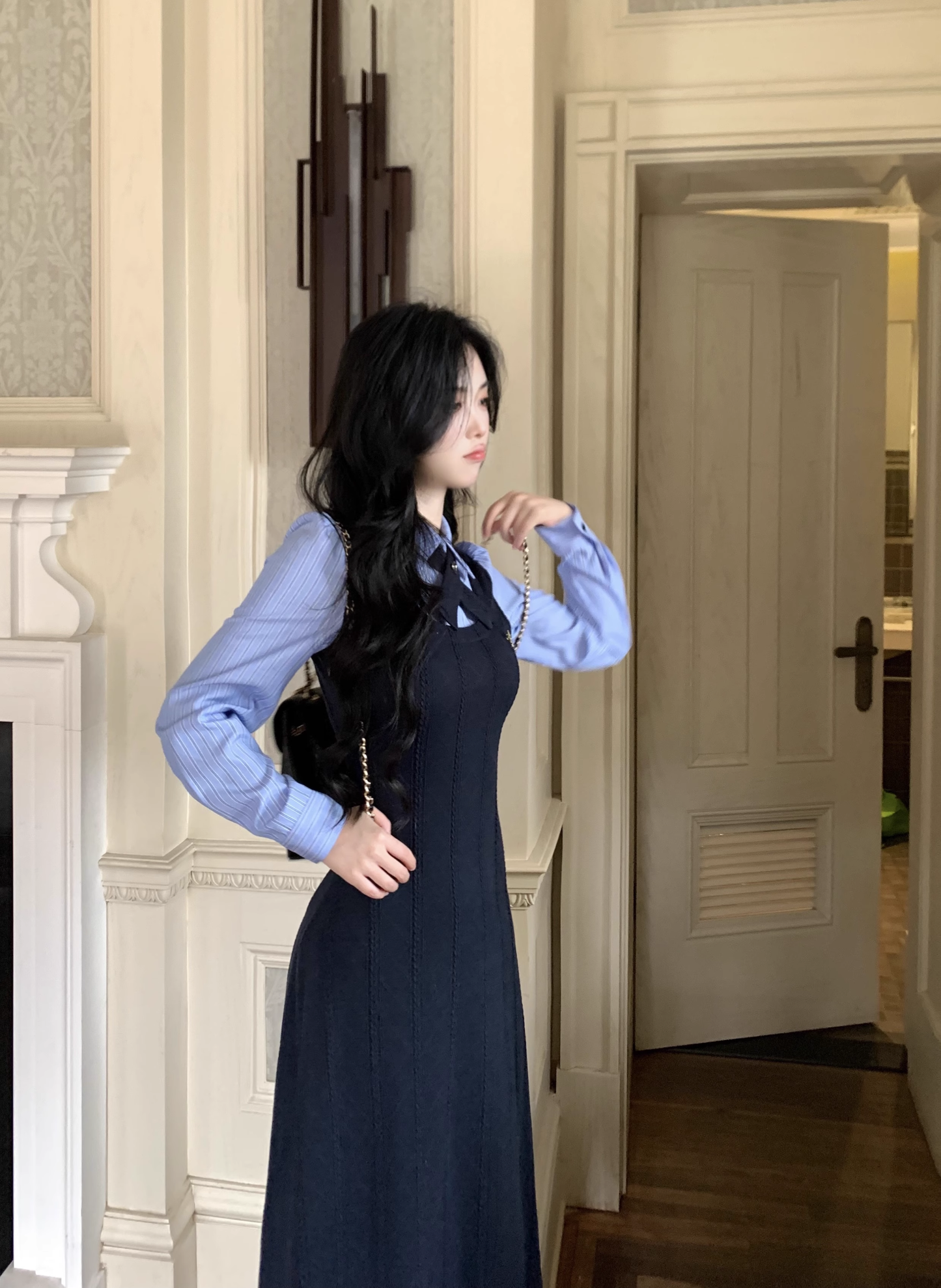 College Style Striped Shirt Fake Two Piece Dress Women's New YM2034