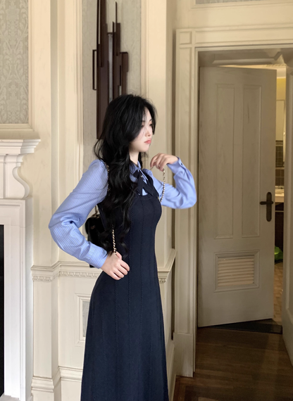 College Style Striped Shirt Fake Two Piece Dress Women's New YM2034