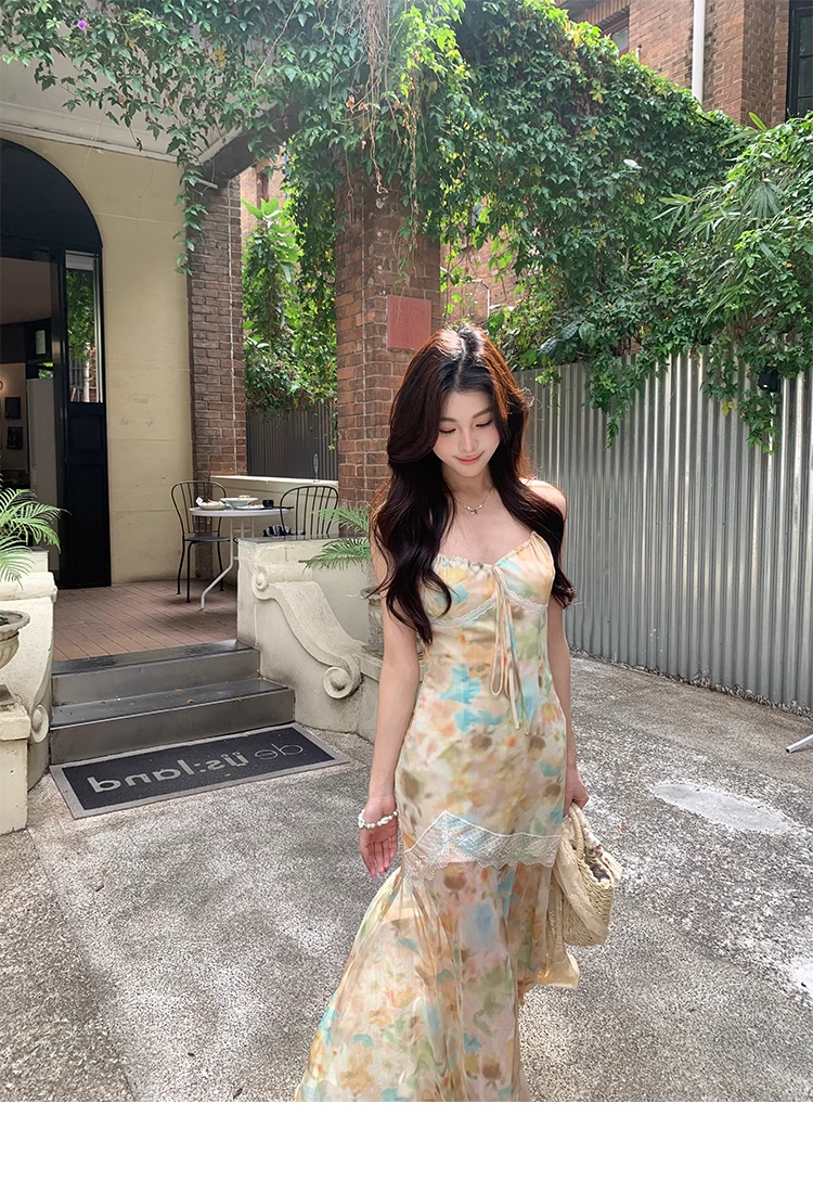 Classy Straps Print Floral Mermaid Prom Dress Long Party Dress YM1989