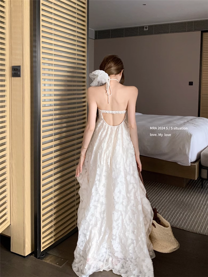French Style White Halter Neck Dress Seaside Holiday Style Long Backless Dress YM2107