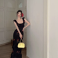 Black Vintage Ruffle Print Straps Party Dress Mermaid Birthday Dress YM1824